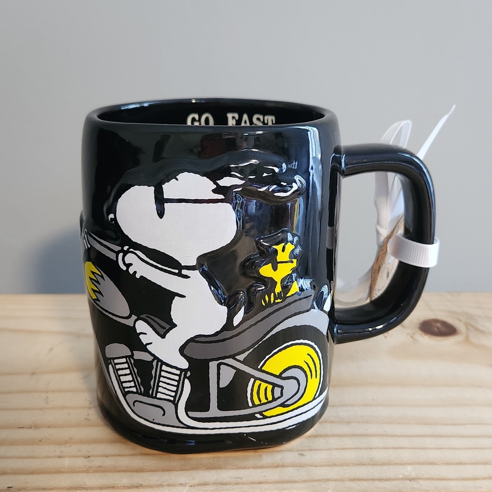 Rae Dunn Peanuts Snoopy and Woodstock Motorcycle Go Fast Black Ceramic Mug NWT